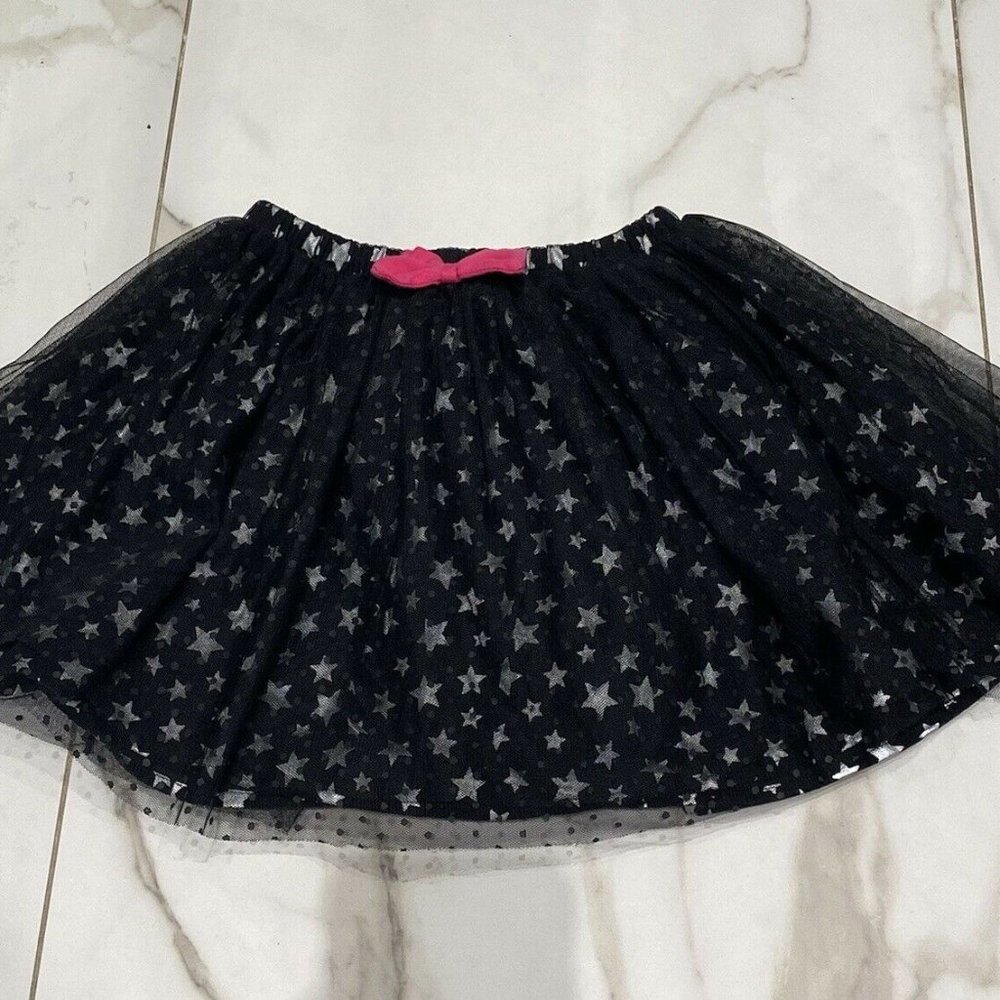 Petit Lem Girls' Star Tulle Layered Black Silver Skirt With pink bow Size 7